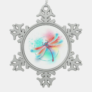 Rode libel op waterverf achtergrond tin sneeuwvlok ornament