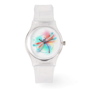 Rode libellen op waterverf achtergrond horloge