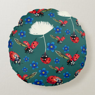 Rode lieveheersbeestjes Blauwe bloemen Rond Kussen