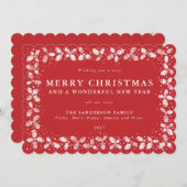 Rode Lino Print Hulstblaadjes Rand Plat Niet-Foto Feestdagenkaart (Voorkant / Achterkant)