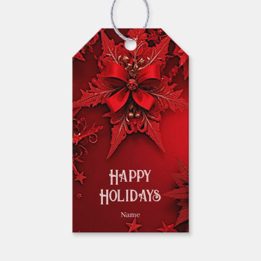 Rode Lint Bloemen Vakantie Kerstmis Cadeaulabel (Voorkant)