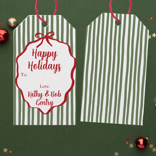 Rode lint gestreepte aangepaste kerstcadeautag cadeaulabel