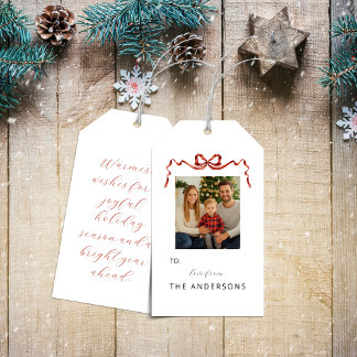 Rode lintboog Kerst foto cadeaukaart Cadeaulabel
