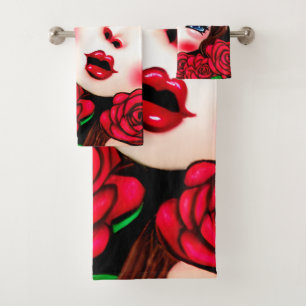Rode Lippen en Rode Rozen Patroon Bad Handdoek