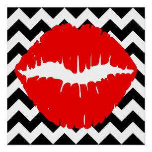 Rode lippen op zwart-wit zigzagpatroon perfect poster