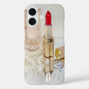 rode lippenstift en sieraden op spiegel iPhone 16 hoesje