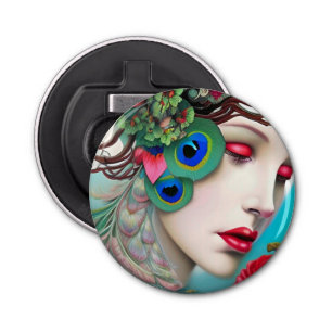 Rode lips en Rozen Peacock Abstract Button Flesopener