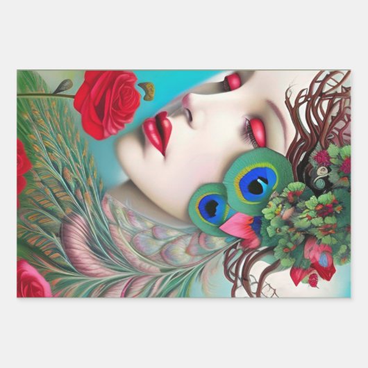 Rode lips en Rozen Peacock Abstract Inpakpapier Vel (Voorkant 2)