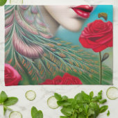 Rode lips en Rozen Peacock Abstract Theedoek (Gevouwen)