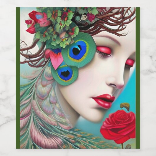 Rode lips en Rozen Peacock Abstract Wijn Etiket (Enkel label)
