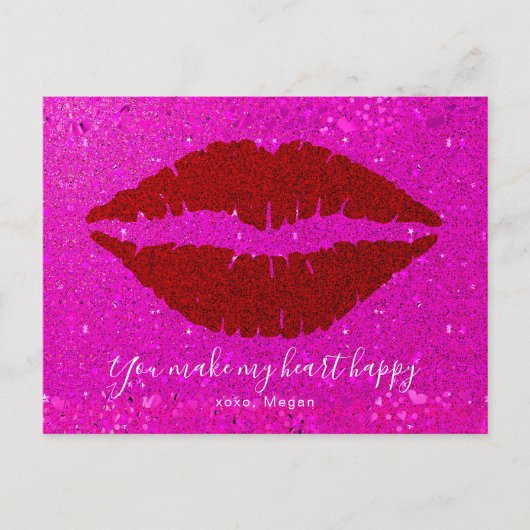 Rode Lips Roze Glitter Valentijn maakt het hart ge Feestdagenkaart (Voorkant)