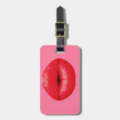 Rode lipstick grote pop lippen op girale roze bagagelabel (Voorkant verticaal)