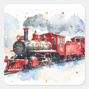 Rode locomotief in de winter vierkante sticker