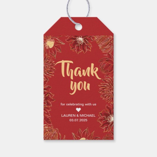 Rode Lotus Waterlily Oriental Floral Wedding Cadeaulabel (Voorkant)