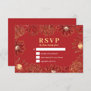 Rode Lotus Waterlily Oriental Floral Wedding RSVP Kaartje
