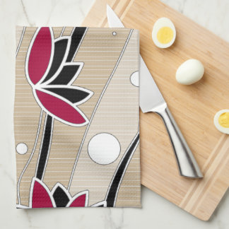 rode lotusbloemen op beige strepen theedoek