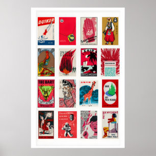 Rode luciferdoosjeslabels raster, vintage ephemera poster
