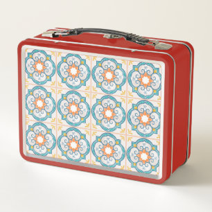 Rode lunchbox met een vintage bloemtegels patroon
