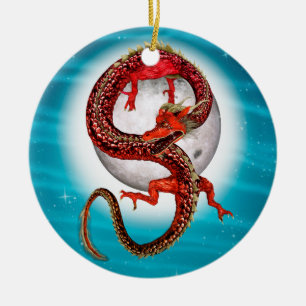 Rode Maan Draak Hemelse Fantasie Kunst Keramisch Ornament
