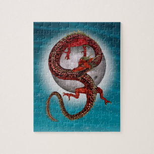 Rode Maan Draak Hemelse Fantasie Kunst Legpuzzel