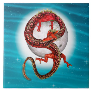Rode Maan Draak Hemelse Fantasie Kunst Tegeltje