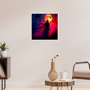 Rode Maan Schaduw Vrouw Mysterie Design Poster