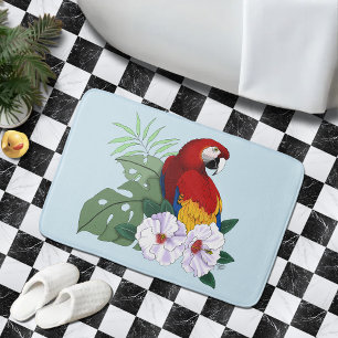 Rode Macaw Papegaai Tropische Witte Hibiscus Bloem Badmat