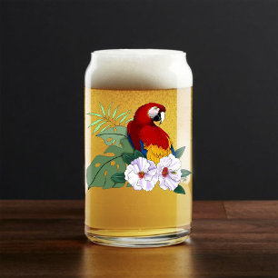 Rode Macaw Papegaai Tropische Witte Hibiscus Bloem Blikvorm Glas