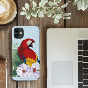 Rode Macaw Papegaai Tropische Witte Hibiscus Bloem iPhone 11 Hoesje
