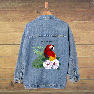 Rode Macaw Papegaai Tropische Witte Hibiscus Bloem Denim Jacket