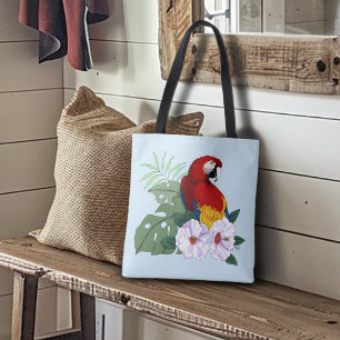 Rode Macaw Papegaai Tropische Witte Hibiscus Bloem Draagtas