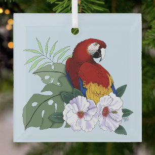 Rode Macaw Papegaai Tropische Witte Hibiscus Bloem Glas Ornament