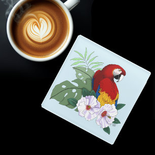 Rode Macaw Papegaai Tropische Witte Hibiscus Bloem Glazen Onderzetter