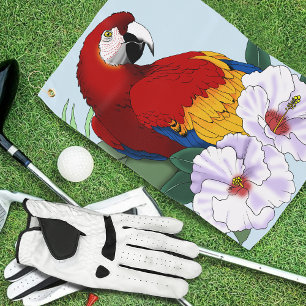 Rode Macaw Papegaai Tropische Witte Hibiscus Bloem Golfhanddoek