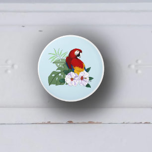 Rode Macaw Papegaai Tropische Witte Hibiscus Bloem Keramische Knop
