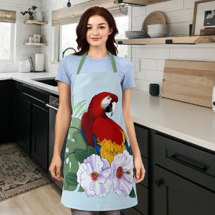 Rode Macaw Papegaai Tropische Witte Hibiscus Bloem Schort