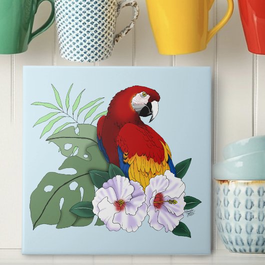 Rode Macaw Papegaai Tropische Witte Hibiscus Bloem Tegeltje