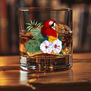 Rode Macaw Papegaai Tropische Witte Hibiscus Bloem Whisky Glas