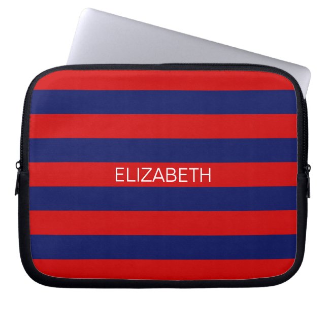 Rode marine 5c Horizontale Preppy Stripe Name Mono Laptop Sleeve (Voorkant)