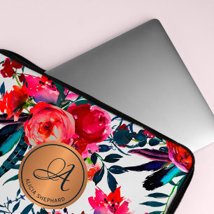 Rode marine waterverf bloempatroon koperen monogra laptop sleeve