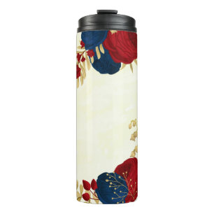 rode & marineblauwe bloemen gouden bladeren thermosbeker