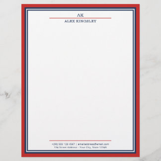 Rode marineblauwe rand monogram naam adres briefhoofd