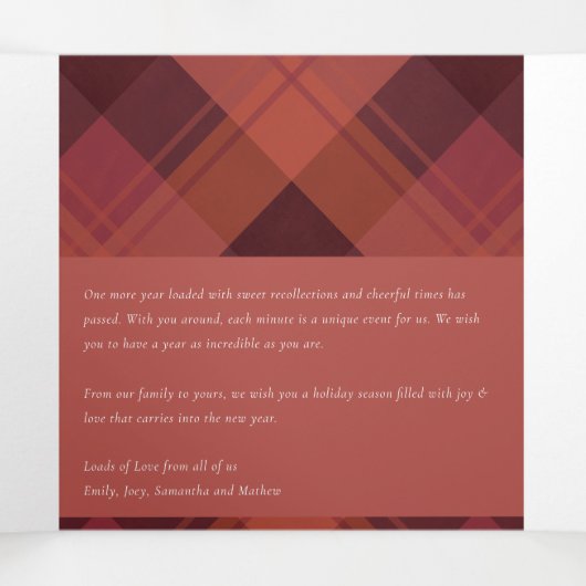 Rode Maroon Geruite 7 Foto Kruis Prettig Kerstfees Drieluik Wenskaart (Binnenkant midden)