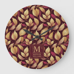Rode Maroon Gouden Glitter Herfstbladeren Patroon Grote Klok