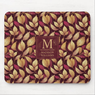 Rode Maroon Gouden Glitter Herfstbladeren Patroon Muismat