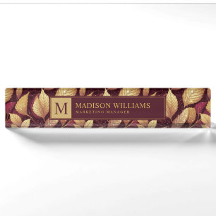 Rode Maroon Gouden Glitter Herfstbladeren Patroon Naambordje