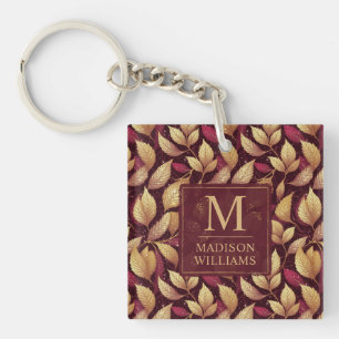 Rode Maroon Gouden Glitter Herfstbladeren Patroon Sleutelhanger