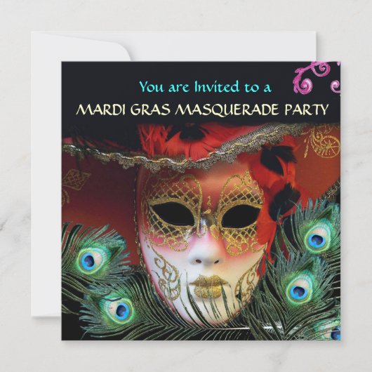 RODE MASKER MET PAUWENVEREN MASKARADE FEest Kaart (Voorkant)