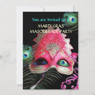 RODE MASKER MET PAUWENVEREN MASKARADE FEest Kaart