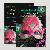 RODE MASKER MET PAUWENVEREN MASKERADE FEest Kaart (Voorkant / Achterkant)